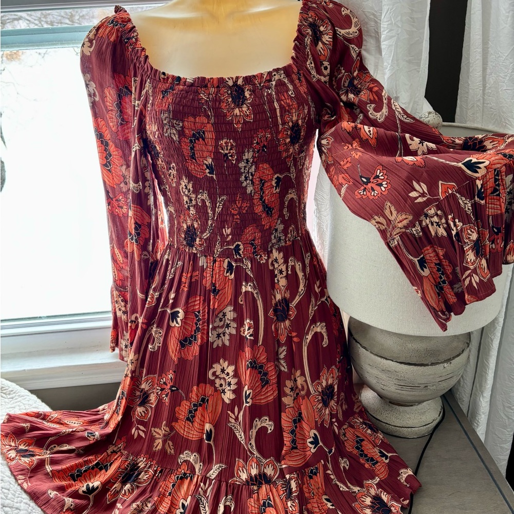 NWT Angie The Sweetest Country Boho Bell Sleeve Mini Dress w Smocked Bodice.